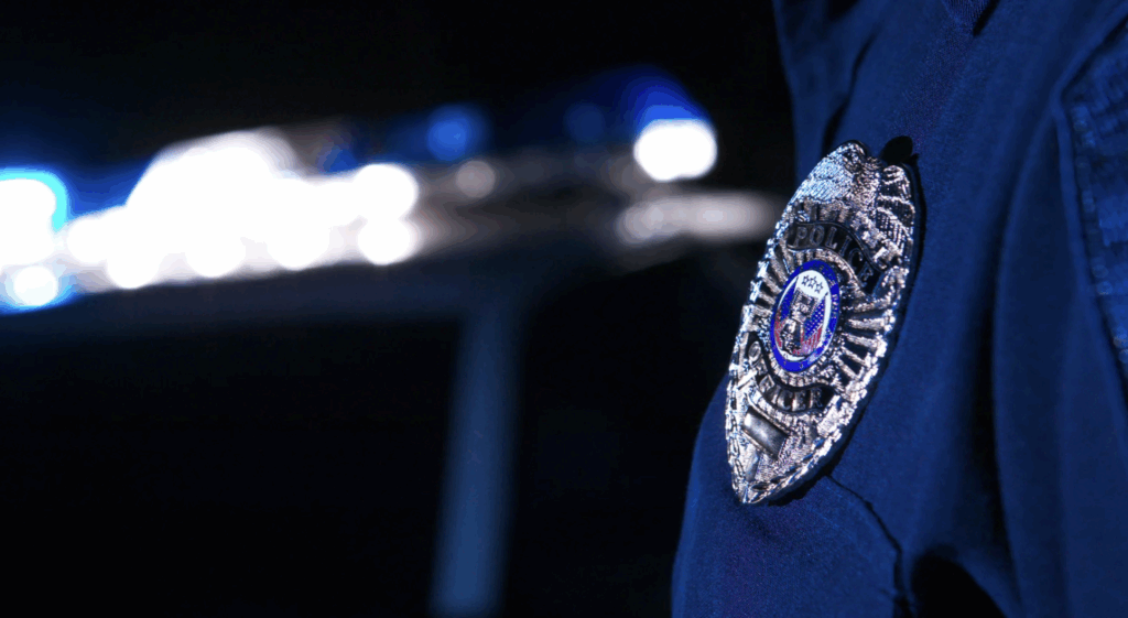Insignia de policía en uniforme, con luces de patrullero desenfocadas de fondo, simbolizando la autoridad y el cumplimiento de la ley en situaciones relacionadas con los Servicios de Protección Infantil (CPS) en Texas.